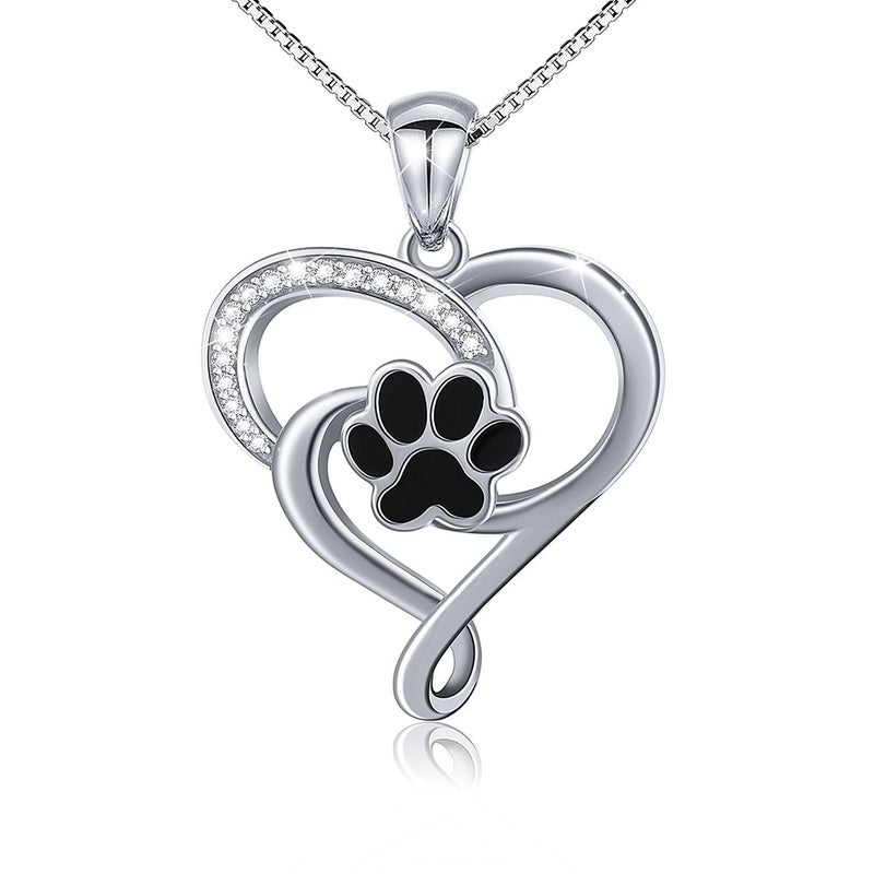 Ladytree S925 Sterling Silver Puppy Dog Cat Pet Paw Print Love Heart Pendant Necklace 18" - Image 1